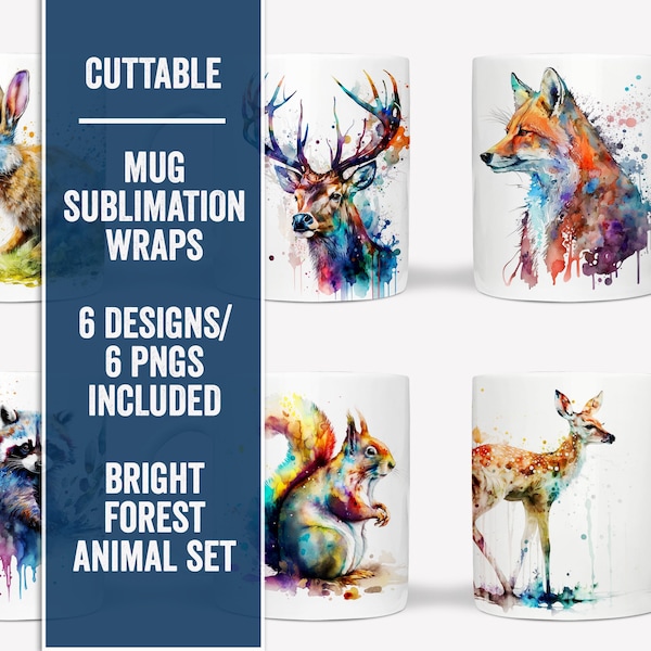 Watercolor Animal Mug Wrap, Animal Bundle, Watercolor Forest Animal Sublimation mugs, Mug Wraps 12oz 11oz, Watercolor Mug Sublimation Wraps