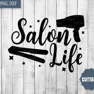Puede incluir: Diseño gráfico en blanco y negro con el texto "Salon Life" que presenta un secador de pelo y un par de tijeras para cortar el pelo.