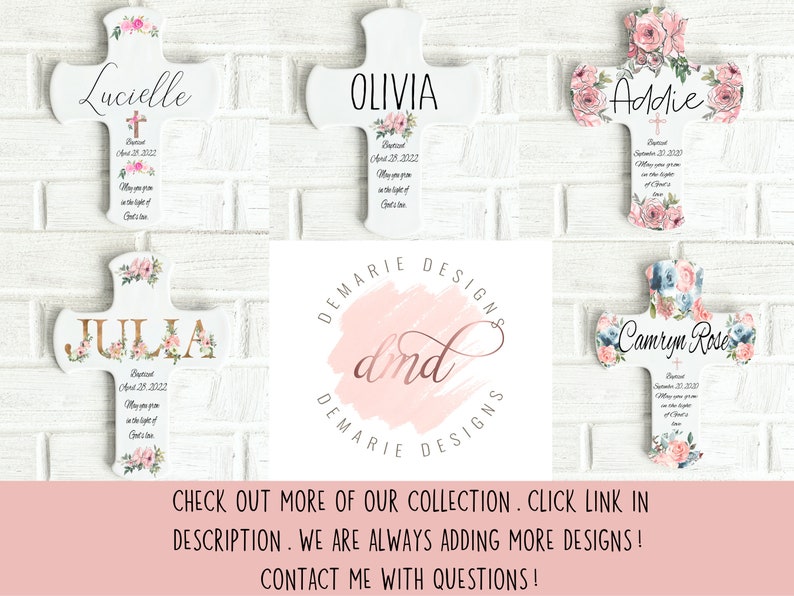 May include: White wooden crosses with floral accents and personalized names, including "Lucielle," "Olivia," "Addie," "Julia," and "Camryn Rose." Each cross features baptism details and a decorative cross symbol.