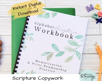 INSTANT DOWNLOAD| Alphabet Scripture Penmanship Copywork Workbook | Homeschool Tracing | Christian Homeschool | ABC Bible Verse Memorization