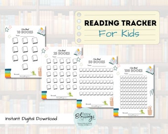 May include: Four printable reading tracker charts for kids. Each chart features a book icon and the text "I Can Read" followed by the number of books to read: 10, 25, 50, and 100. The charts have spaces for kids to write the names of the books they read.