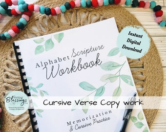 INSTANT DOWNLOAD| Alphabet Scripture Cursive Copywork Workbook | Homeschool Tracing | Christian Homeschool | ABC Bible Verse Memorization