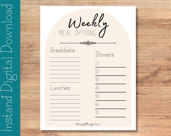 Weekly Meal Options | Weekly Menu | Meal Plan | Flexible Meal Plan | Pick a Meal from a List