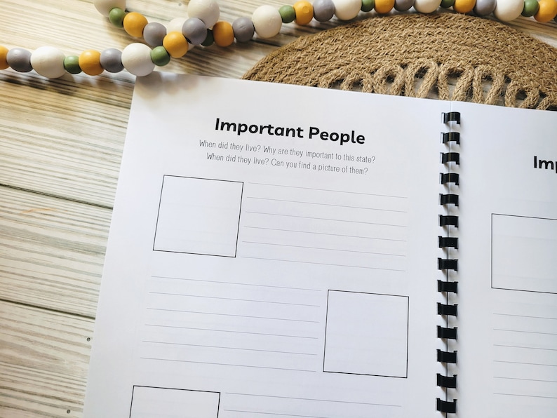 May include: A black and white spiral bound notebook with the title "Important People" on the cover. The notebook has lined pages for writing and blank spaces for drawing or pasting pictures.