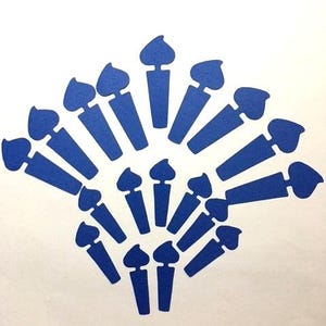May include: A collection of blue, heart-shaped, decorative items arranged in a fan-like pattern. Each item has a long, rectangular body with a heart-shaped top. The items are evenly spaced against a white background.