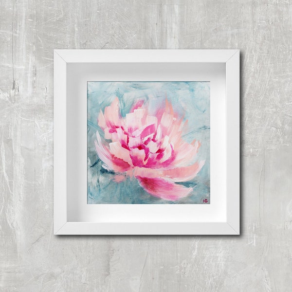 Printable Square Floral Wall Art Blue Teal Pink Colorful Floral Peony Instant Downloadable Artwork from Original Canvas Painting