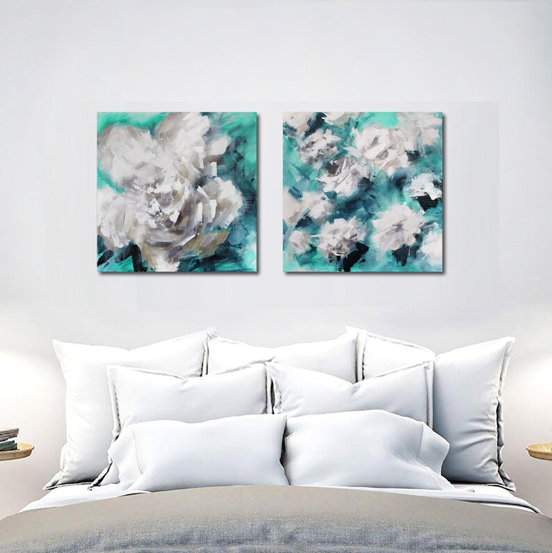 20x40 Teal Canvas Wall Art Turquoise Abstract Wall Art Canvas Bedroom Art Gray Teal Wall Art