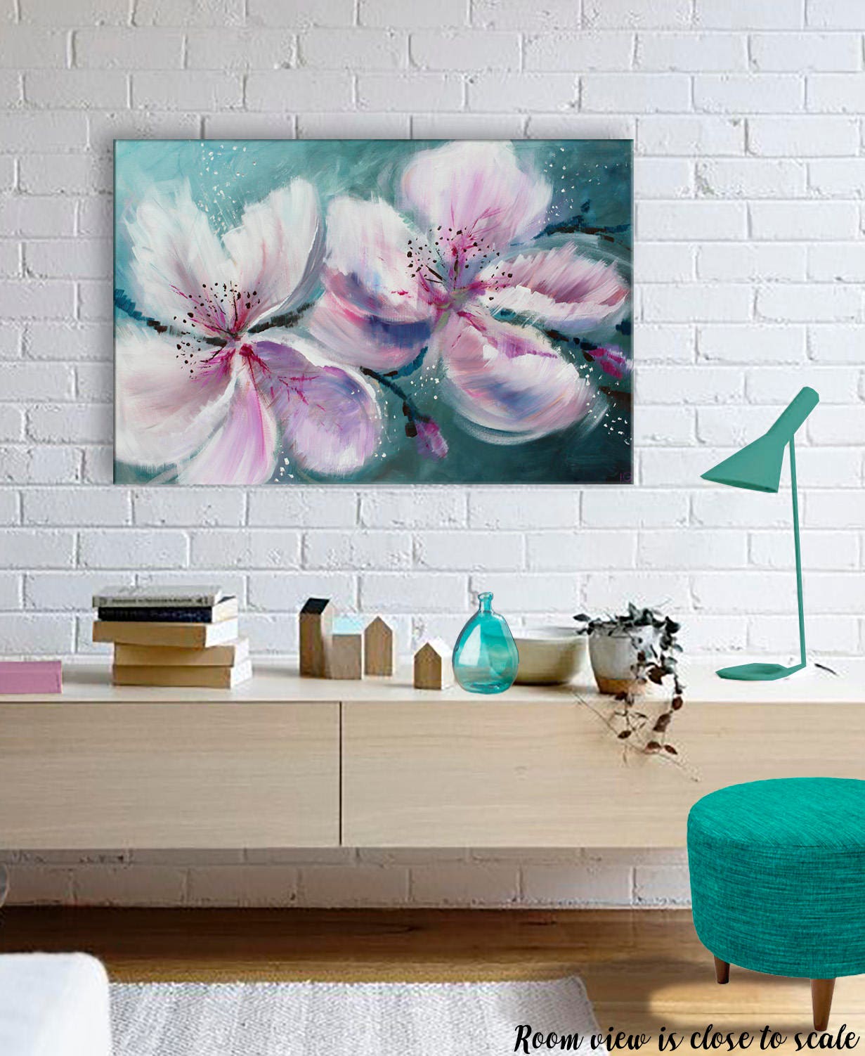 24x36 Large Teal Canvas Wall Art Turquoise Pink Art Floral Wall Art Teal Bedroom Decor Abstract Painting Teal Abstract Magnolia Painting