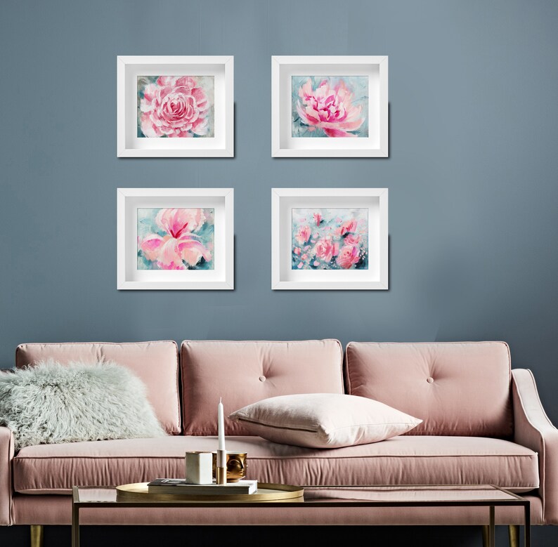 Set of 4 Printable Rectangle 8x10 Floral Wall Art Blue Teal Pink ...