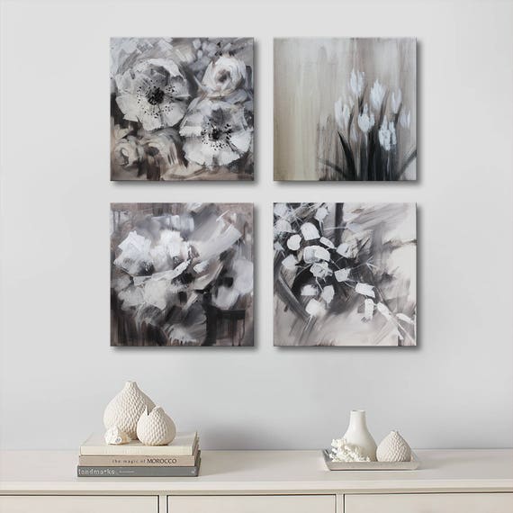 4 Pieces 12x12 Black And White Abstract Bedroom Canvas Art Gray Bedroom Wall Art Gray And White Bedroom Floral Abstract Set Of Paintings