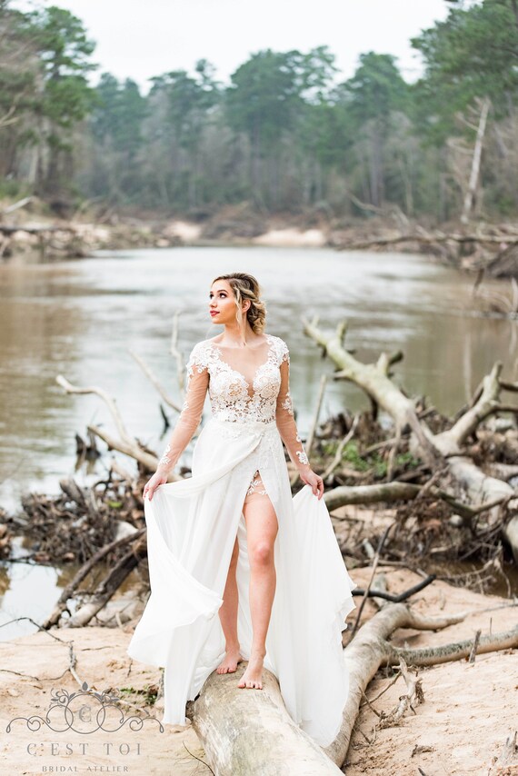 D30 Lace Wedding Dress With Removable Skirt Two In One Etsy