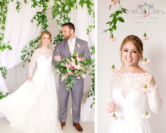 D19 Long Sleeve Chantilly Lace Wedding Dress Long Sleeve Etsy