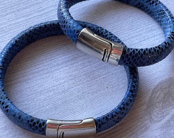 Leather Faux Snake | Denim | Cuff Bracelet | Silver magnetic clasp