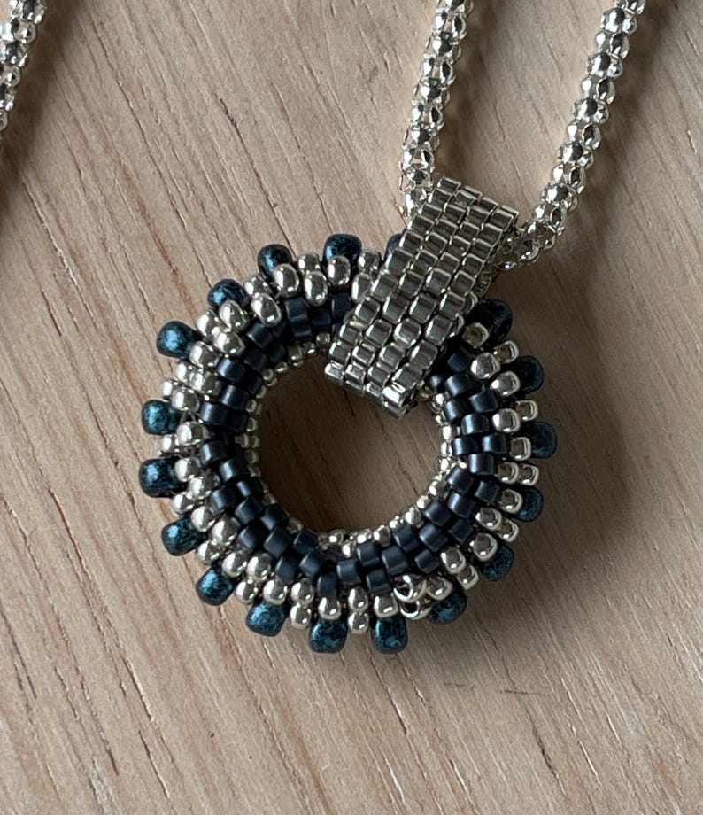 Seed Bead Pendant Circular Beaded Pendant Deep Blue & Silver Womens