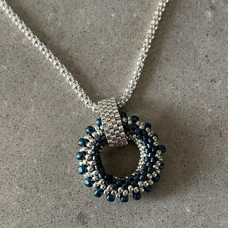 Seed Bead Pendant Circular Beaded Pendant Deep Blue & Silver Womens