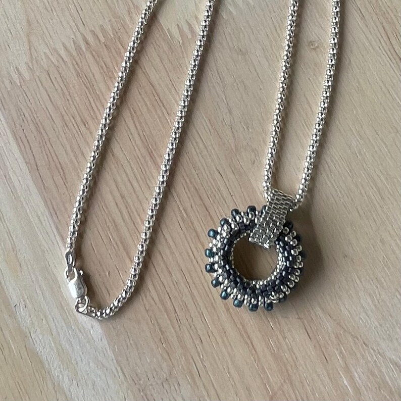 Seed Bead Pendant Circular Beaded Pendant Deep Blue & Silver Womens