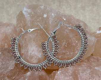 Medium Beaded Hoop Earrings | 30mm | Mocha and Silver Everyday Wear | Gift for her