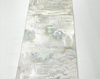 Vintage Japanese Belt (Rokutuu Hukuro-Obi) For Kimono 【Used】 /Silver thread Temple surrounded by pine trees and other trees/ SILK   ET14/07