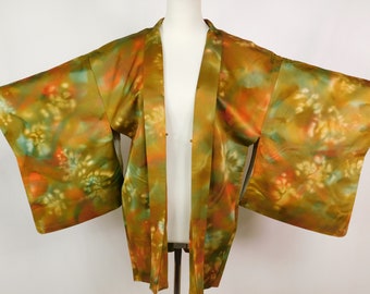 Vintage Japanese Kimono HAORI【Used】 Silk Geometric pattern Blur dyeing KUSAKIZOME　 ET324