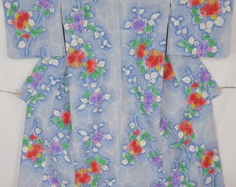 Vintage Japanese YUKATA 【Used】 Cotton Flower pattern Summer Light weight 　  ET432