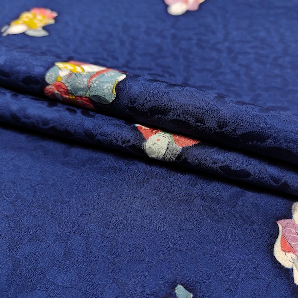 Vintage Japanese Kimono Fabric【Used】 Silk Blue Children dancing The ground pattern is a Japanese hand fan pattern    58.9×13.7 inch　 ET13/39