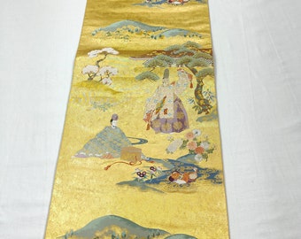 Vintage Japanese Belt (Hukuro-Obi) For Kimono 【Used】 / SILK Gorgeous Gold threads Heian aristocrats enjoying Japanese MAI dance   ET14/09