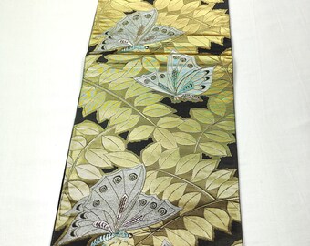 Vintage Japanese Belt (Rokutuu Hukuro-Obi) For Kimono 【Used】 /Gold thread leaf  A butterfly expressed with glitter thread/ SILK   ET14/08