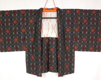 Vintage Japanese Kimono HAORI【Used】 Silk (OSHIMA-TSUMUGI) Kasuri Geometry pattern 　 ET348