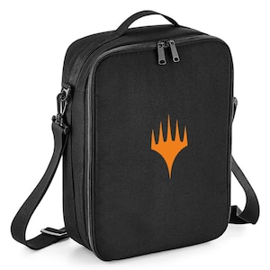 May include: Black canvas bag with a zipper closure and an adjustable shoulder strap. The bag features an orange Magic: The Gathering logo on the front.