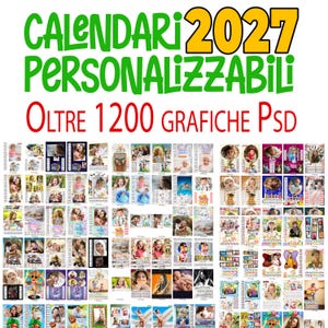 Può includere: Una collezione digitale di 2027 modelli di calendari personalizzabili con oltre 1200 grafiche PSD. L'immagine mostra una griglia di vari layout di calendario con diverse posizioni per le foto, schemi di colori e temi per uso personale.