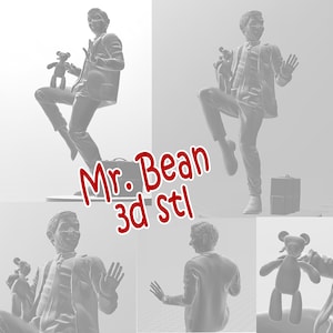 Può includere: Un modello stampato in 3D di Mr. Bean che tiene un orsacchiotto. Il modello è di colore grigio ed è in posa in modo giocoso. Il testo "Mr. Bean 3d stl" è visibile nell'immagine.