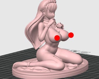May include: A light pink figurine of a seated female figure with long hair and pointed ears. The figure is kneeling on a round base with a pillow. The figure is nude and has a delicate, detailed design.