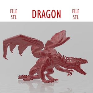 Puede incluir: Un modelo de dragón rojo impreso en 3D con las alas extendidas y una expresión feroz. El modelo está en posición de pie con la cabeza girada hacia un lado. El modelo está impreso en rojo sólido y tiene un acabado liso.