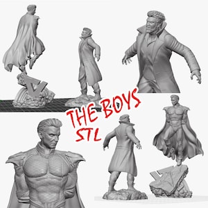 May include: Five 3D printed figurines of characters from the TV show "The Boys". The figurines are gray and are posed in various action poses. The text "THE BOYS STL" is written in red letters on a white background.