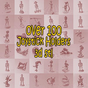 Peut inclure: Une collection de plus de 100 supports de joystick imprimés en 3D, avec divers designs de personnages. L'image présente une grille de petites figurines de couleur claire. Le texte de l'image indique "Over 100 Joystick Holders 3d stl."