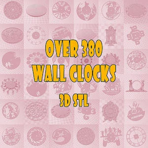Puede incluir: Un collage de más de 380 archivos STL 3D para relojes de pared. La imagen muestra una variedad de diseños de relojes, incluyendo diseños geométricos, florales y personajes de dibujos animados. El texto "OVER 380 WALL CLOCKS 3D STL" se muestra en letras grandes y amarillas.