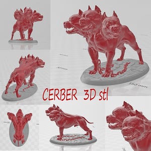 May include: A 3D printed model of Cerberus, the three-headed dog from Greek mythology. The model is red and is shown from different angles. The model is 150 mm tall.