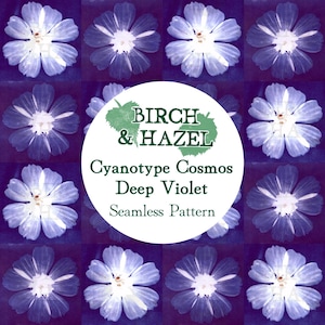 May include: A seamless pattern featuring deep violet cyanotype cosmos flowers arranged in a grid. A central white circular overlay displays the green text: BIRCH & HAZEL, Cyanotype Cosmos, Deep Violet, Seamless Pattern, with two green leaf icons.