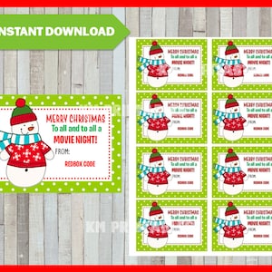 Op de afbeelding: Vel kerstcadeaulabels om af te drukken met een sneeuwpopontwerp. De labels tonen een sneeuwpop met een rode trui, groene hoed en blauwe sjaal. De tekst op de labels luidt "Merry Christmas to all and to all a Movie Night!" en "Redbox Code."