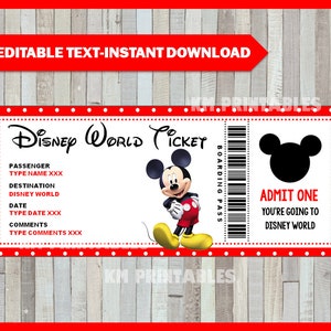 Boleto imprimible para DISNEYWORLD diy Personalizar, DisneyWorld Boarding Pass Sorpresa Mickey Mouse DESCARGA INSTANTÁNEA
