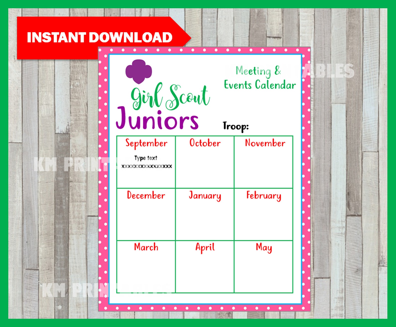 Junior Girl Scout Yearly Calendar Troop Fillable Printable PDF Etsy