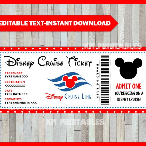 Cruise Ticket, DisneyCruise Mickey Mouse, Surprise Gift Ticket, Printable Cruise Ship Boarding Pass, Editable INSTANT DOWNLOAD