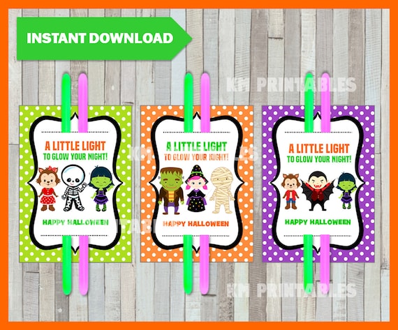 A Little Light for Halloween Night! Glow Stick Gift Tags Halloween Favor, Trick or Treating mummy, dracula, Skeleton, Frankenstein, witch