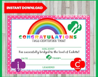 Junior to Cadette, Girl Scout Bridging Certificate, Printable Instant Download