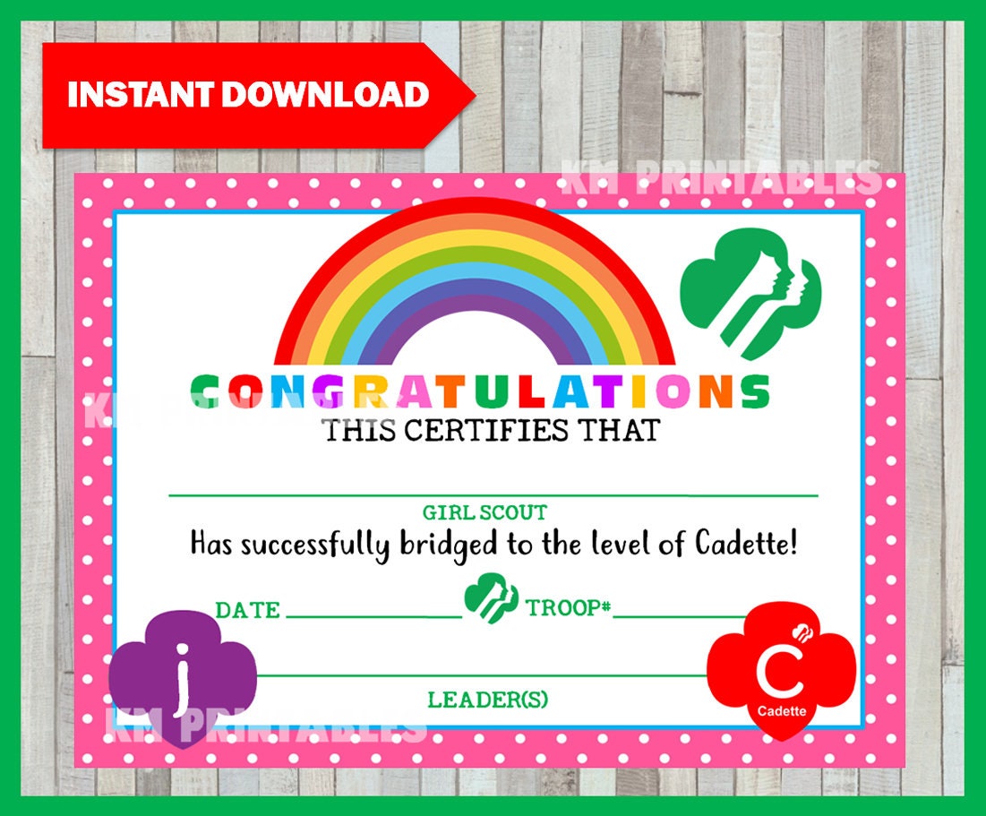 Junior to Cadette Girl Scout Bridging Certificate Printable | Etsy