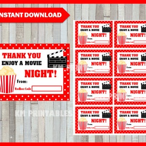 Könnte beinhalten: Acht druckbare Dankeskarten in Rot und Weiß mit einem Filmthema. Jede Karte zeigt einen roten und weißen Popcorn-Eimer, eine schwarz-weiße Filmklappe und den Text "Vielen Dank, genießen Sie einen Filmabend!" mit Platz für einen Redbox-Code.