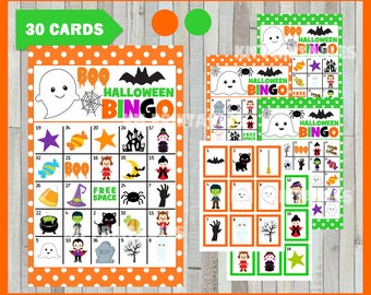 Può includere: Un set di cartelle per il bingo di Halloween con un fantasma bianco, un pipistrello nero e una ragnatela. Le schede includono illustrazioni colorate di caramelle, streghe, mostri e zucche con il testo BOO HALLOWEEN BINGO stampato in alto.