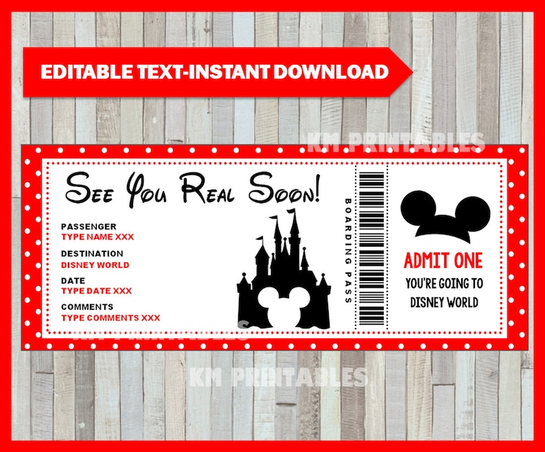 printable ticket to disney diy personalize disney world etsy