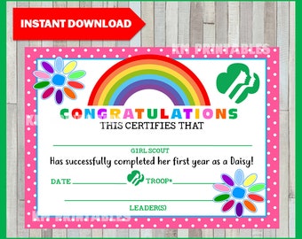 Girl Scouts First Year Daisy Completion Certificate, Instant Download