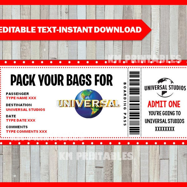 Printable Ticket To Universal DIY Personalize, Universal Boarding Pass Surprise, Editable INSTANT DOWNLOAD